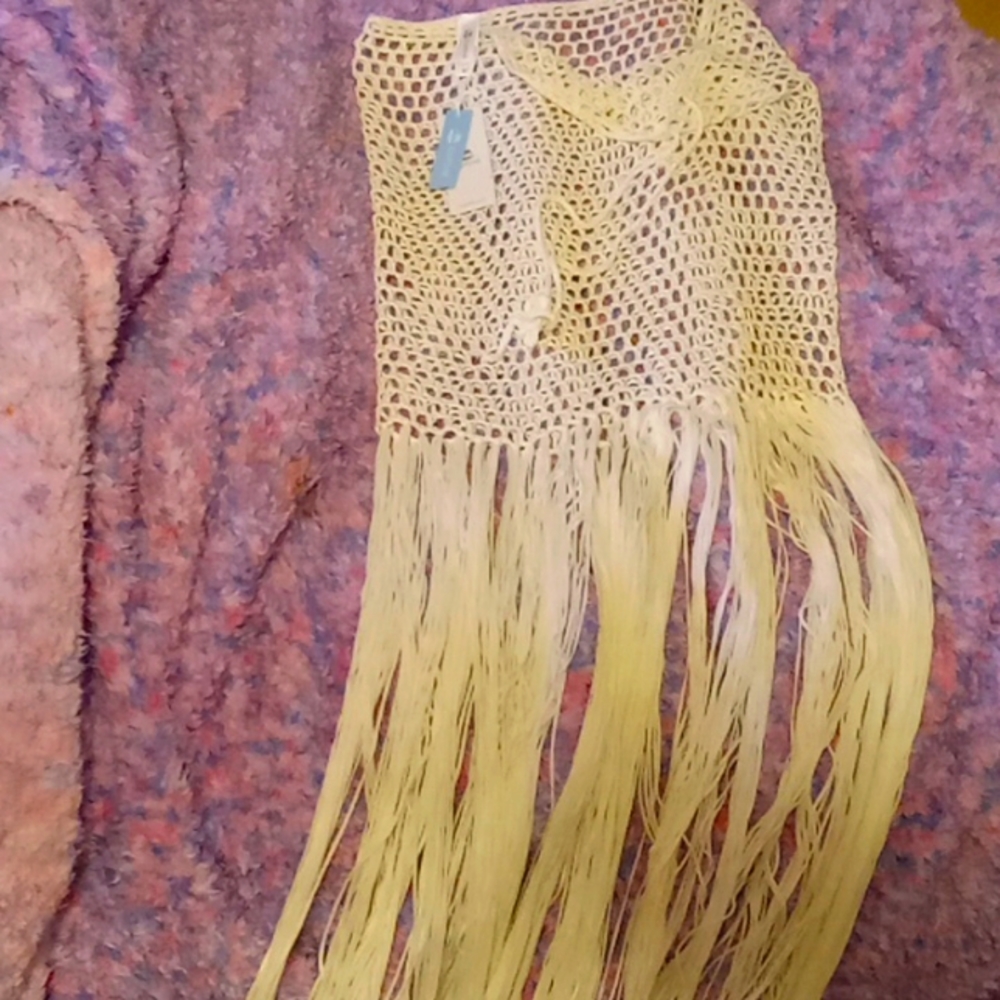 Crochet top white long fringe for beach coverup or a summer dress